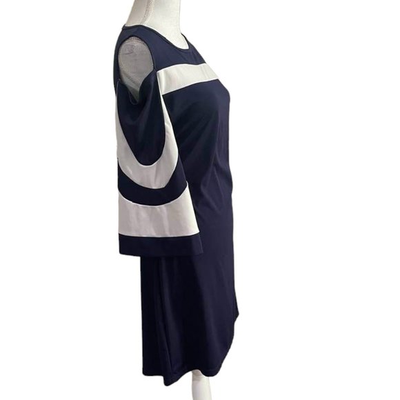 Cold Shoulder Navy Shift Dress with Long Bell Sleeves XL - Picture 11 of 13